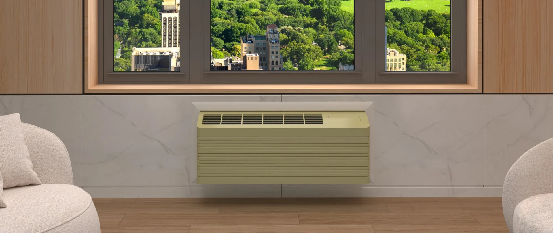Traditional PTAC unit under a window