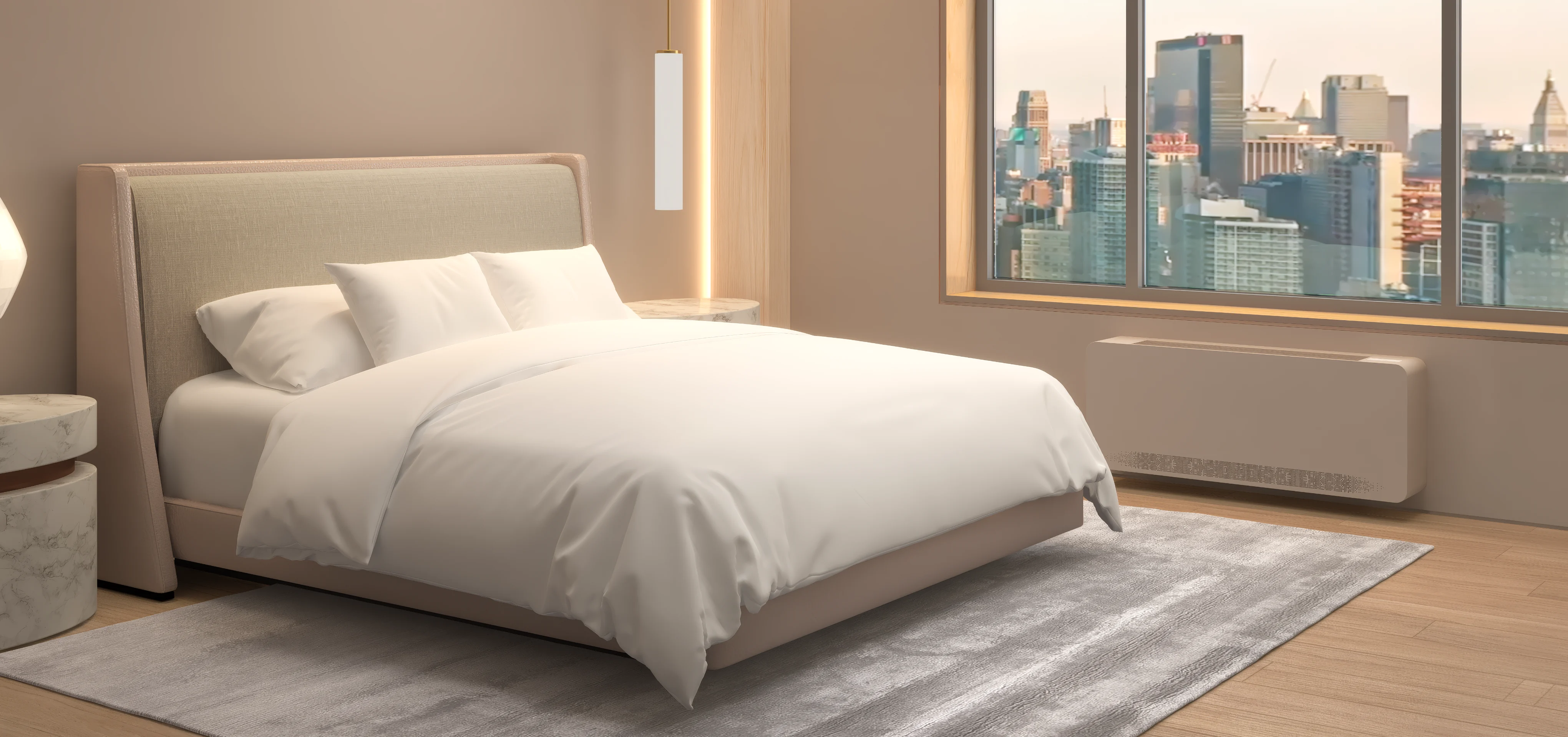 Hotel room with a slim Nextac unit under the window